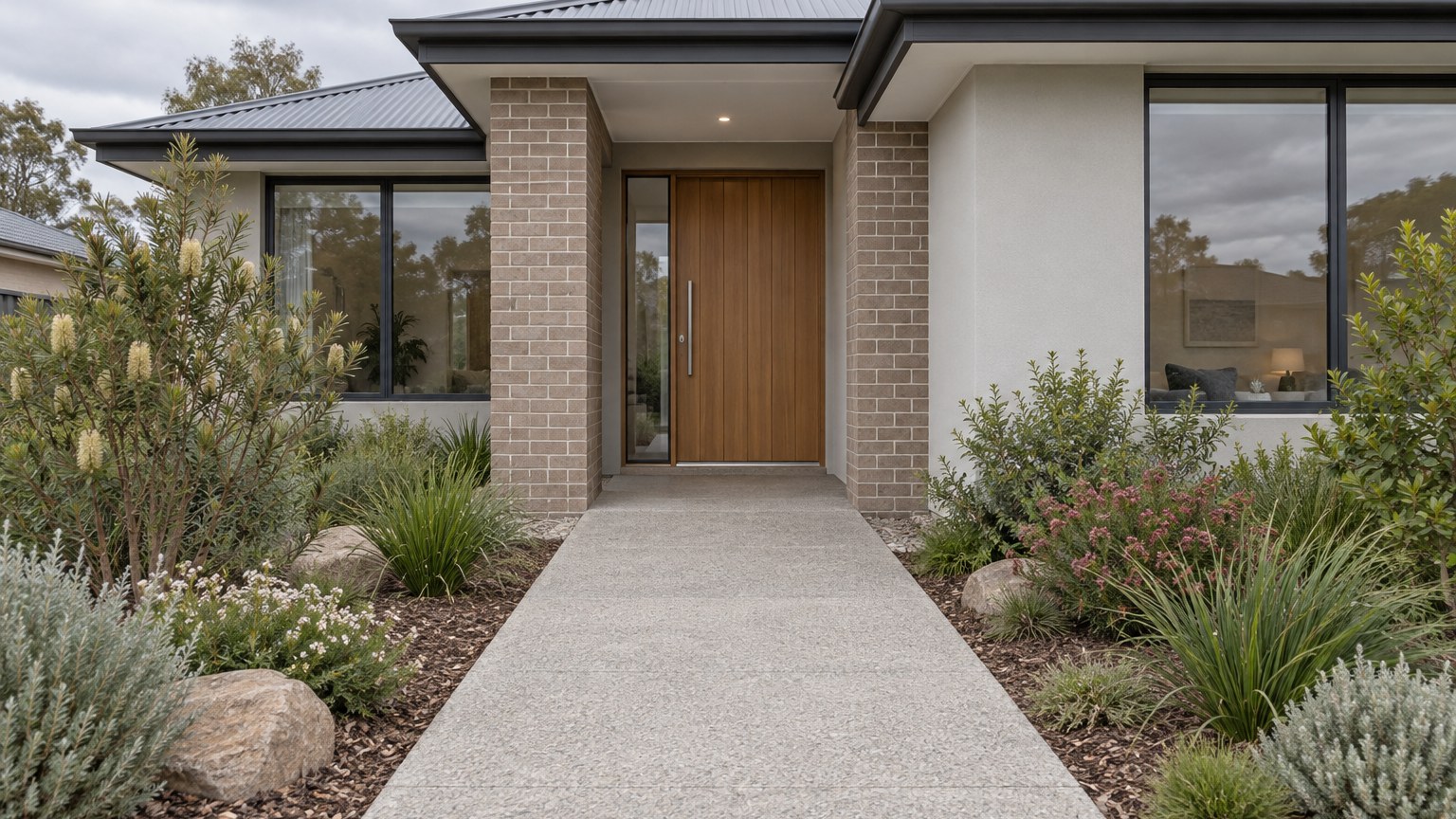 Step-free paved path leading to the front door of a new home