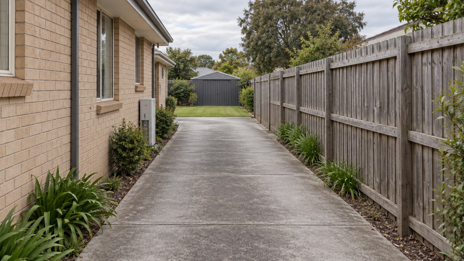 Narrow side access driveway between two houses toward a rear yard