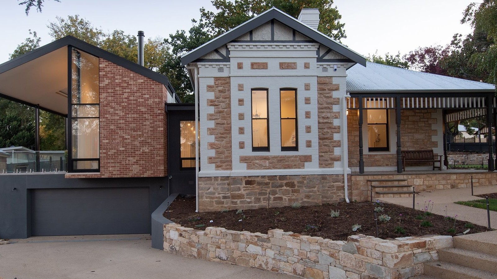 Brick veneer house exterior in late afternoon light