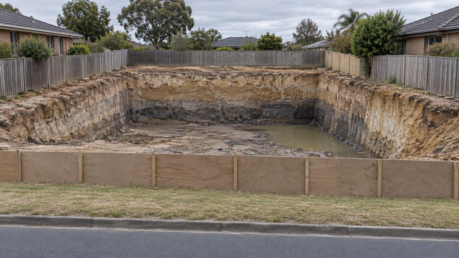 Deep suburban building excavation with groundwater standing in the floor