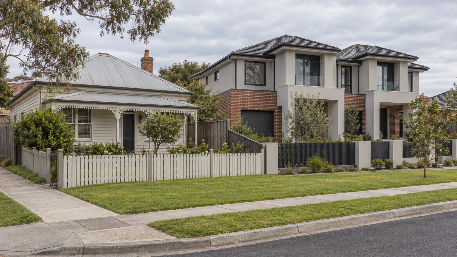 Older cottage beside newly built attached dwellings on a suburban street