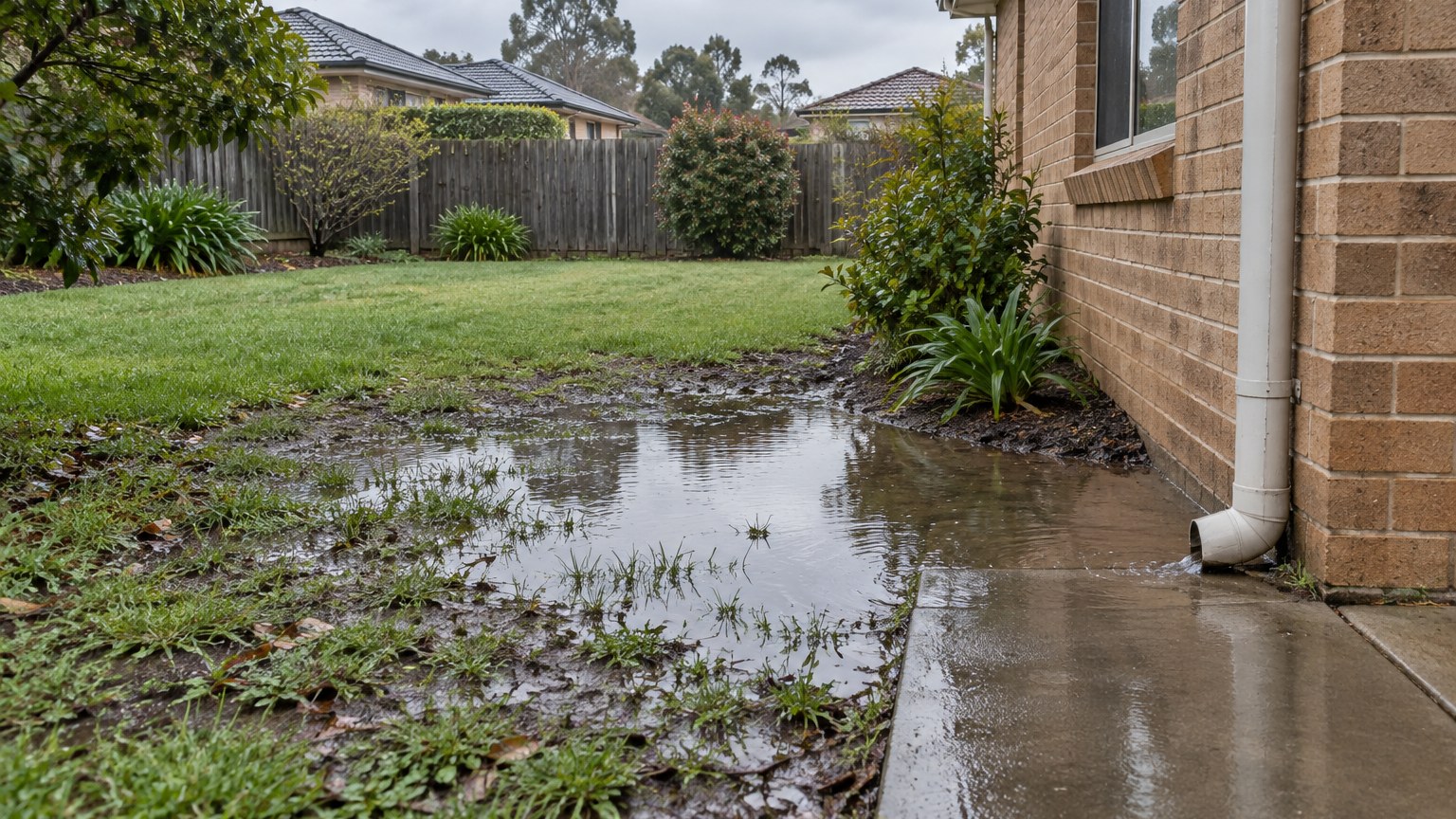 Waterlogged suburban garden beside a brick house after rain