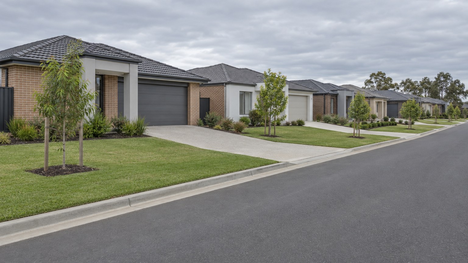Recently completed suburban street of new single-storey brick and rendered homes with tiled roofs, concrete driveways, mown front lawns and young street trees in the verge, beside a sealed road with concrete kerb and gutter under flat overcast daylight