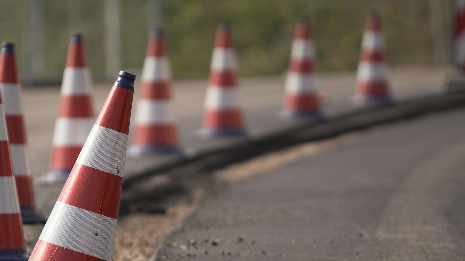Traffic cones closing a line on a road