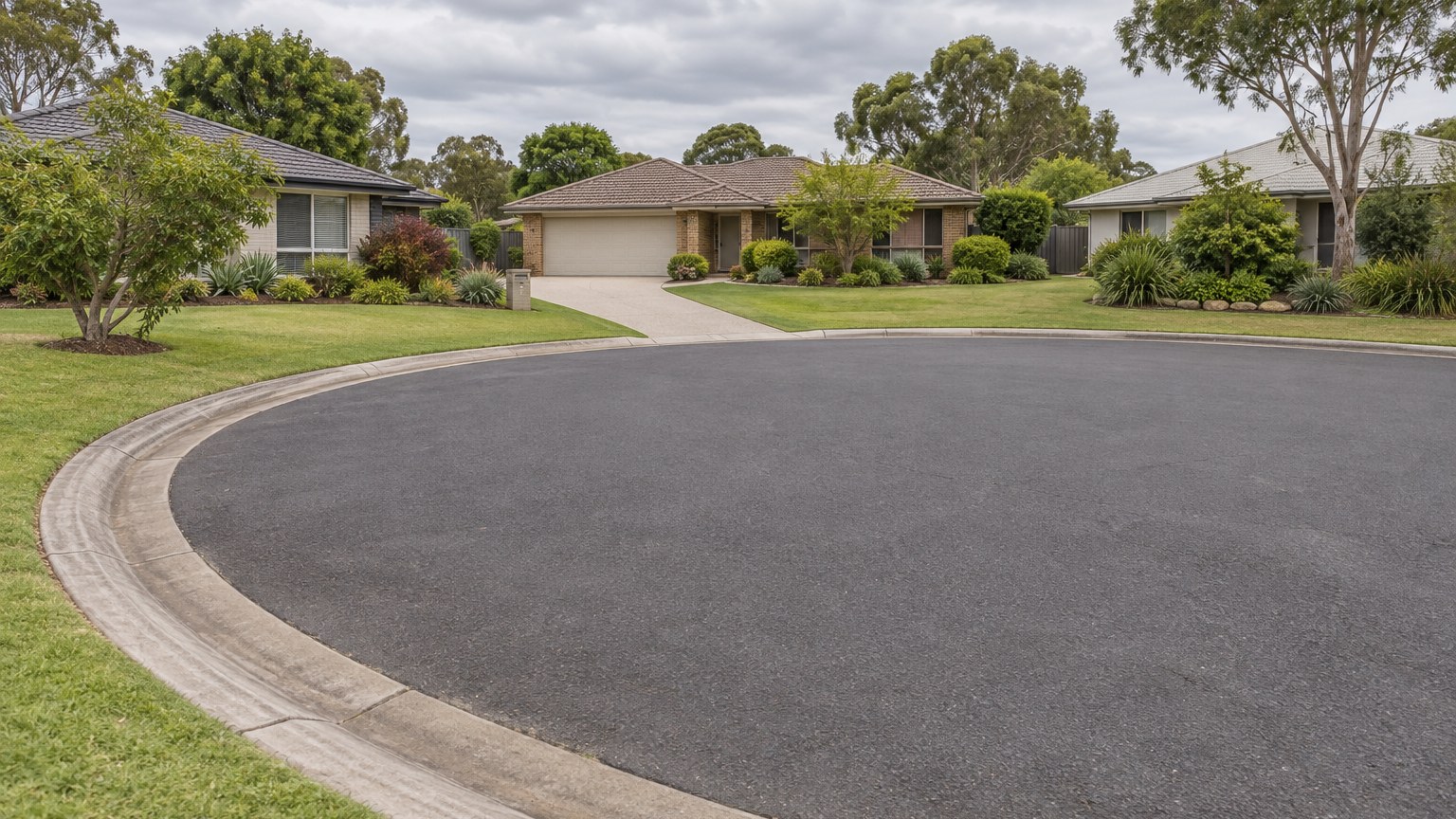 Court head of a suburban cul-de-sac with curved kerb and grass verge
