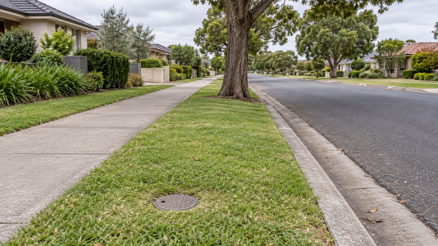 Water main tap and pipework on a suburban verge near the street